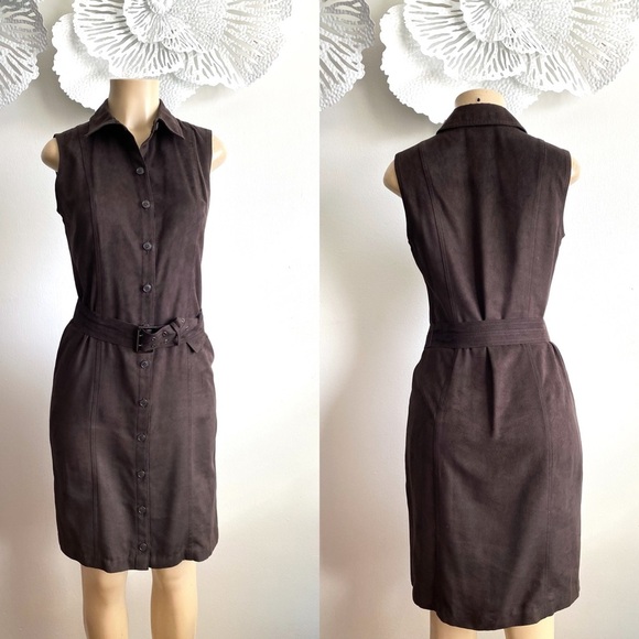 Ann Taylor Loft Trench Coat Sleeveless Midi Dress Faux Suede Brown Fall Winter - Picture 1 of 9
